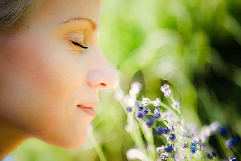 Close up portrait of a woman, with eyes closed and with a gentle smile on her face, smelling lavender on warm Summer day. Joy and scent of Summer concept. Selective focus, natural light,blurred background.